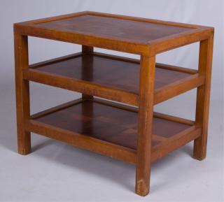 Appraisal: Mid-century three-tier end table with square pattern veneer tops measures