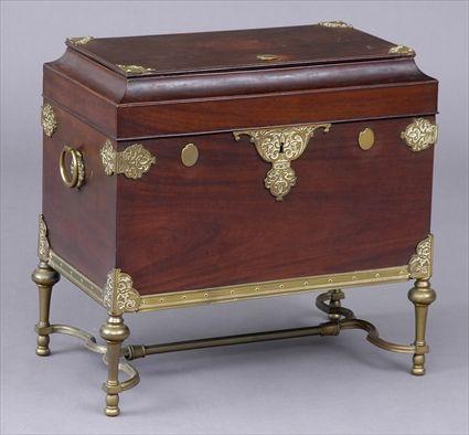 Appraisal: CONTINENTAL BRASS-MOUNTED MAHOGANY STRONG BOX The top with extra hinged