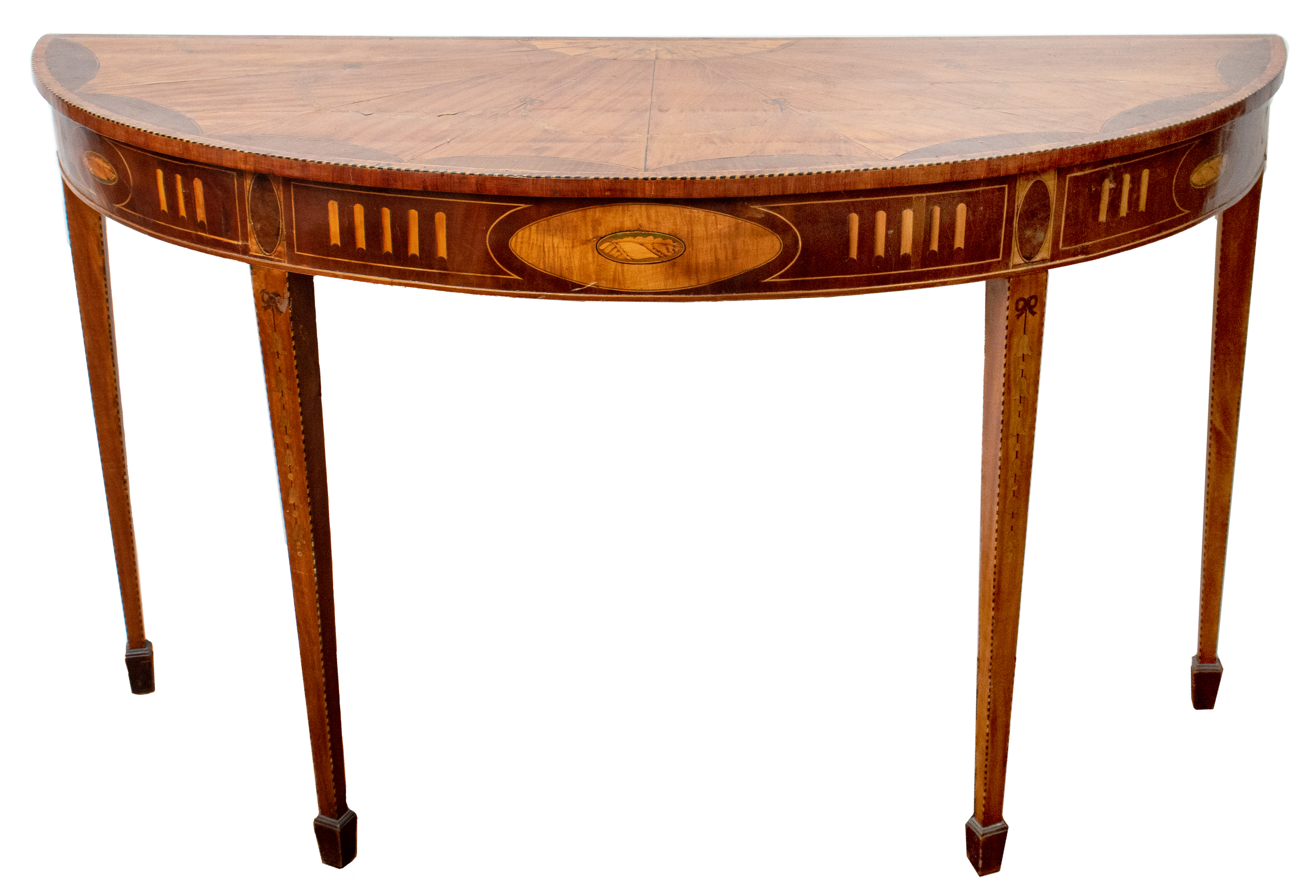 Appraisal: GEORGE III MARQUETRY VENEERED DEMILUNE TABLE George III marquetry veneered