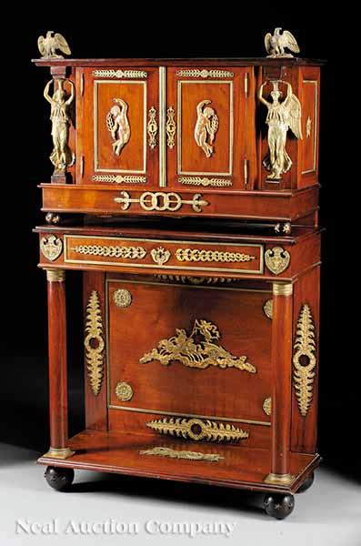 Appraisal: An Antique Empire-Style Bronze-Mounted Mahogany Cabinet-on-Stand the top surmounted by