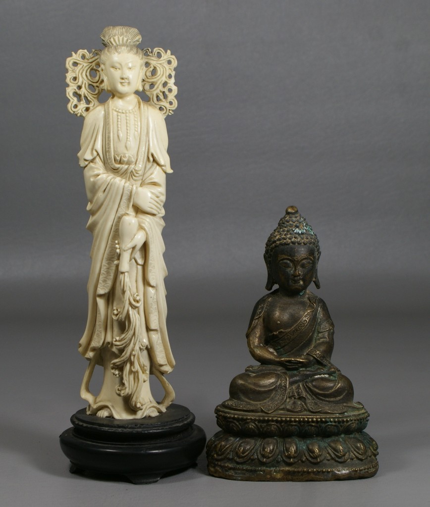 Appraisal: Bronzed Buddha figure with a resin Quanyin figure tall