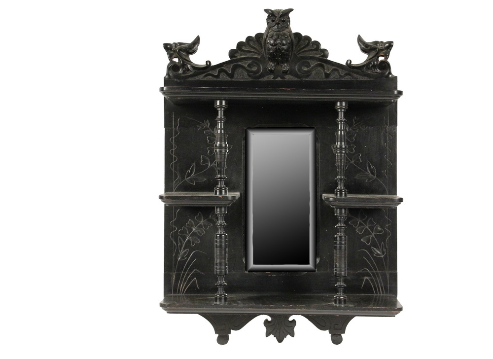 Appraisal: WALL SHELF - Ebonized Shelf carved with an owl motif