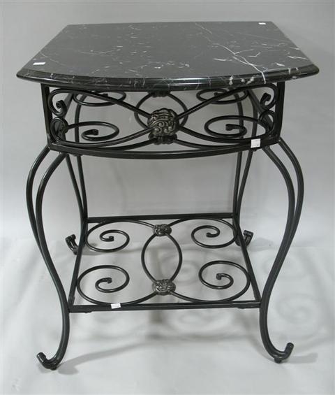 Appraisal: WROUGHT IRON MARBLE TOP SIDE TABLE th century the square