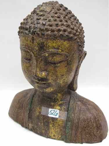 Appraisal: CAST IRON BUDDHA BUST SCULPTURE with head and shoulders traces