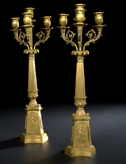 Appraisal: Pair of French Gilt-Bronze Four-Light Candelabra fourth quarter th century