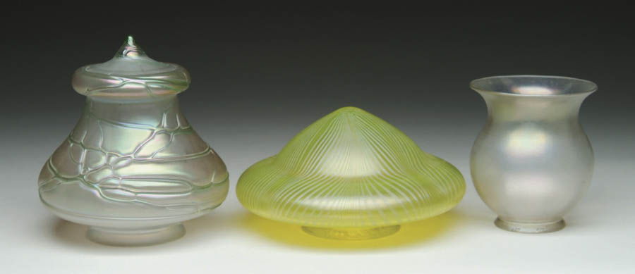 Appraisal: THREE ART GLASS SHADES Czech close-bottom shade with applied threading