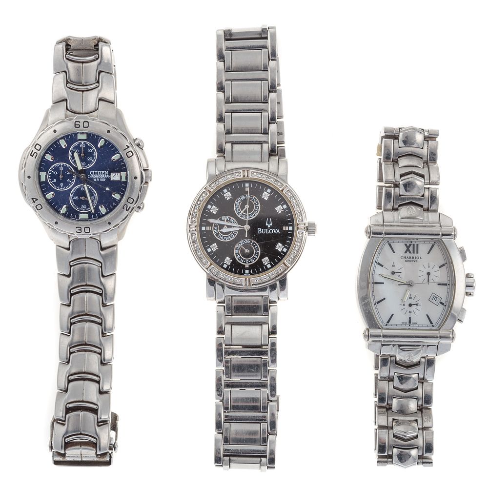 Appraisal: A Collection of Three Men's Wrist Watches Bulova diamond stainless