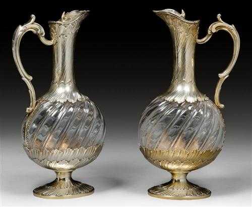 Appraisal: PAIR OF GLASS CARAFFES MOUNTED IN VERMEIL Paris Odiot H