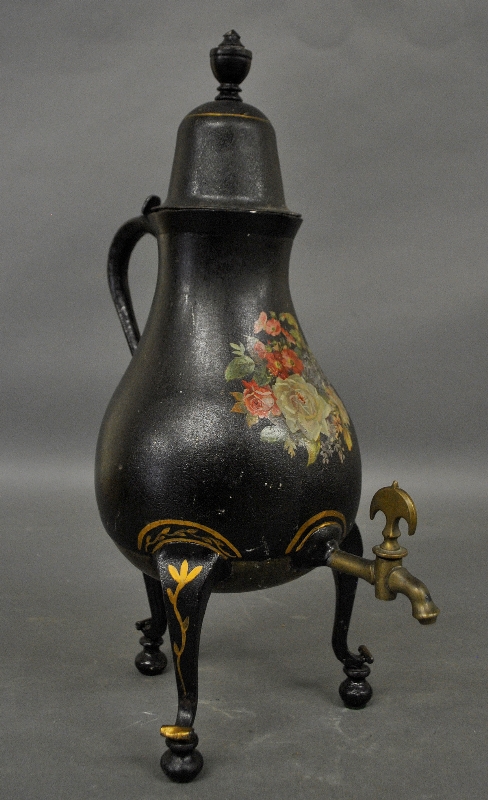 Appraisal: - Black Tole decorated hot water urn with brass spigot