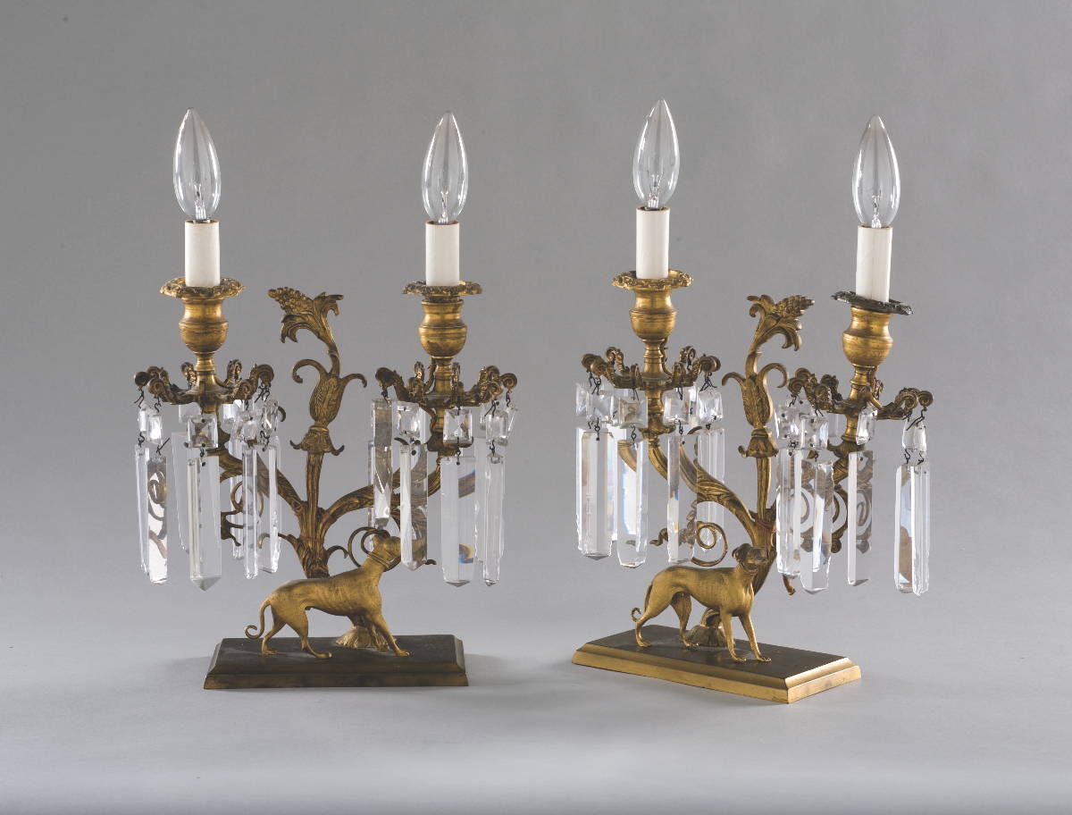 Appraisal: PAIR OF ROCOCO REVIVAL GILT-METAL AND CUT-GLASS TWO-LIGHT FIGURAL GIRANDOLES