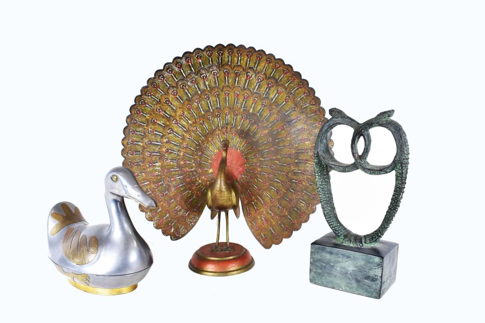 Appraisal: THREE DECORATIVE METAL ANIMALS th Century Comprising an Israeli patinated