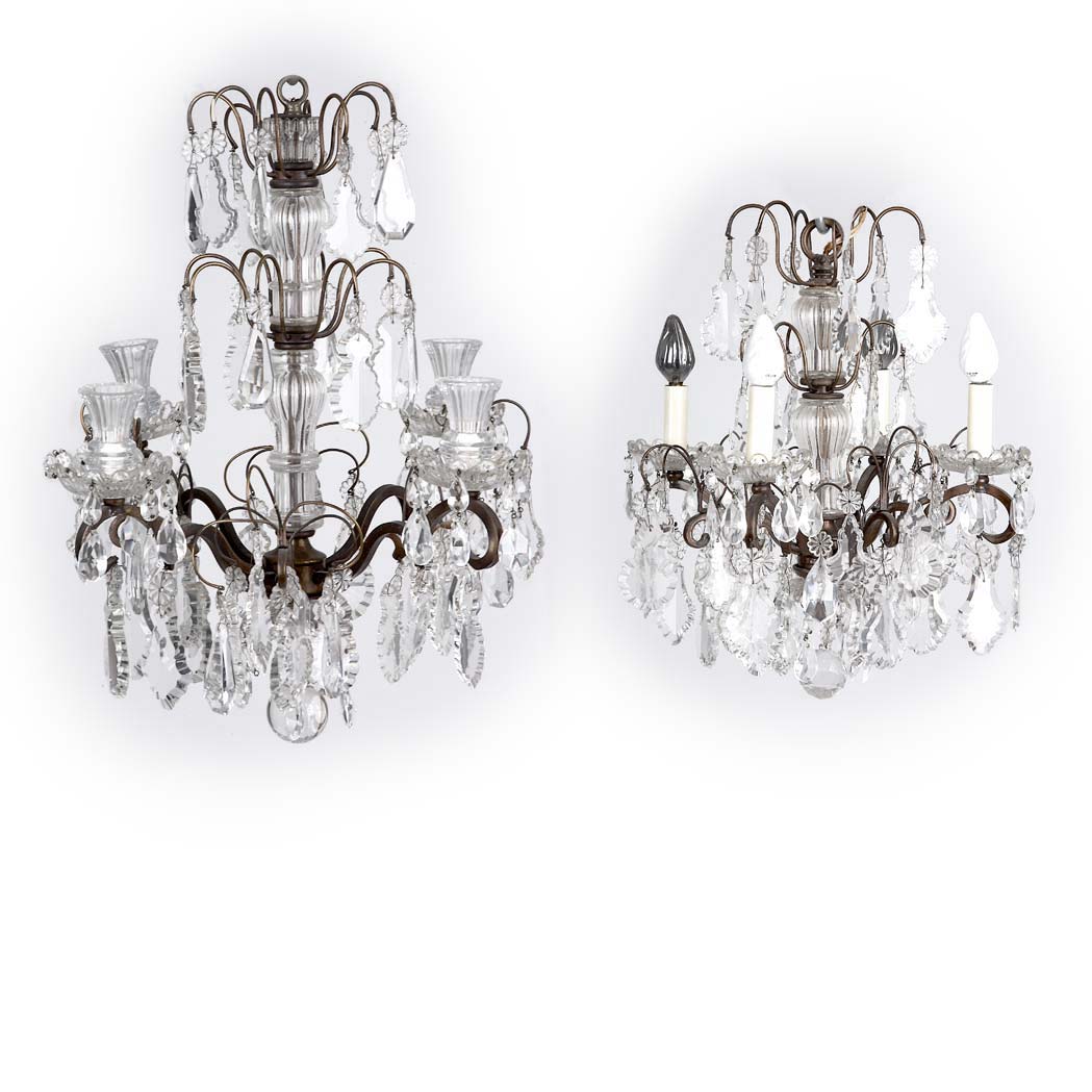 Appraisal: Two Louis XV Style Patinated-Metal Four-Light Chandeliers Each with scrolling