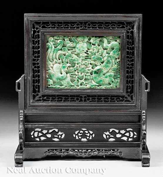 Appraisal: A Chinese Jadeite Plaque-Mounted as a Table Screen rectangular plaque