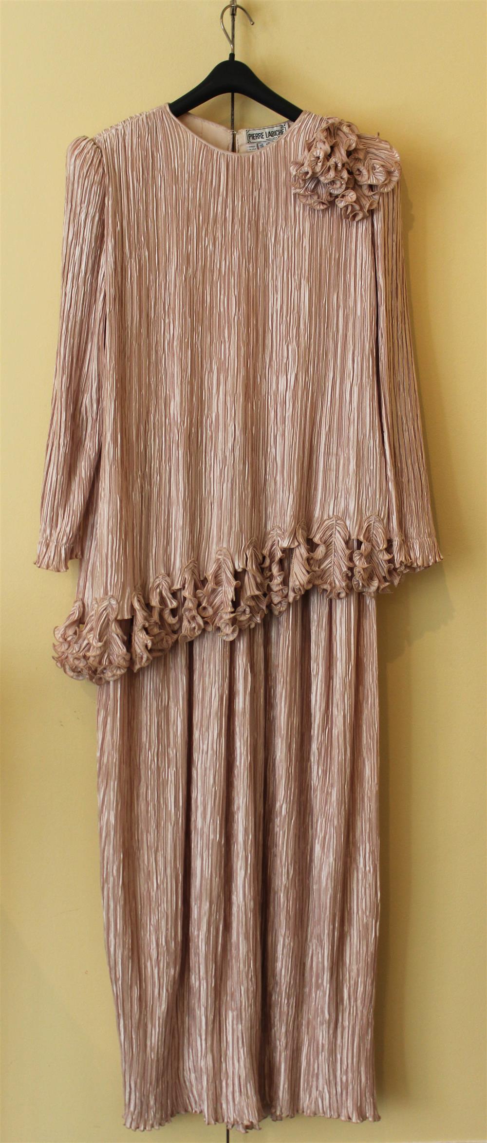 Appraisal: PIERRE LABICHE FORTUNY STYLE PLEATED DRESS the close jewel neck