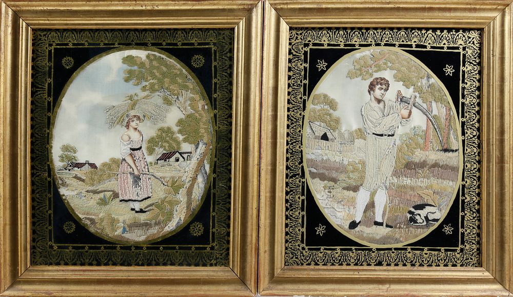 Appraisal: Pair of English Regency Silk and Silver Thread Embroideries on