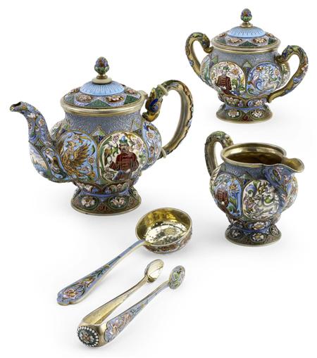 Appraisal: A Russian five-piece silver-gilt and shaded cloisonn enamel tea-set Fedor