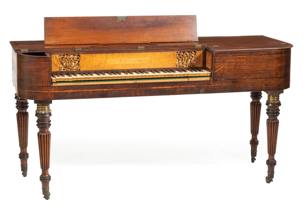 Appraisal: MAHOGANY AND INLAID PIANOFORTEAntique Mahogany and Inlaid Pianoforte c hinged