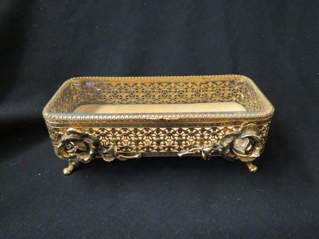 Appraisal: Italian Gold Gilt Metal Dresser Box glass top floral decor