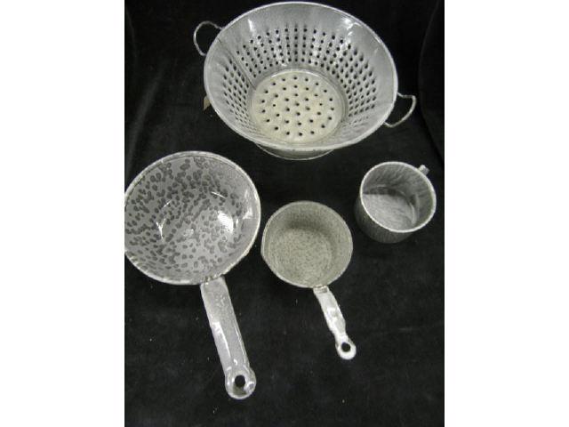 Appraisal: Pcs Graniteware collander pans cup