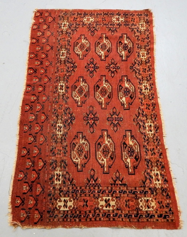 Appraisal: ANTIQUE TURKMEN BAGFACE CARPET RUG TEXTILE Afganistan Early th CenturyA