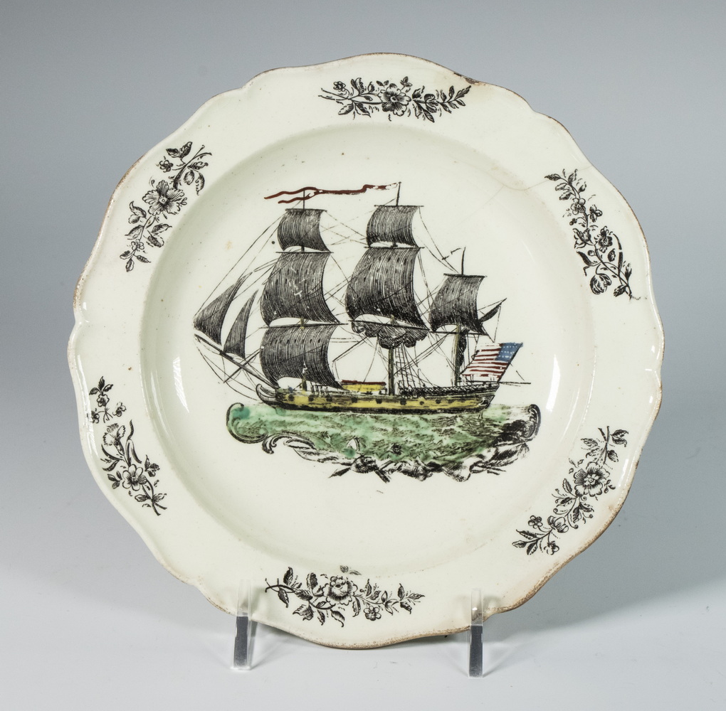 Appraisal: ENGLISH CREAMWARE PLATE WITH AMERICAN SHIP Circa Soft Paste Plate