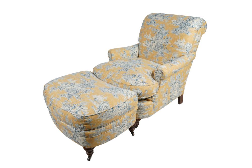 Appraisal: REGENCY STYLE TOILE UPHOLSTERED CLUB CHAIR AND OTTOMANwith a blue