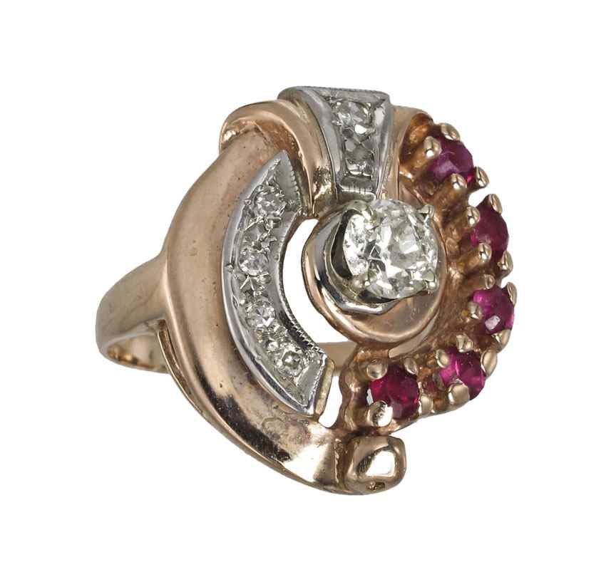 Appraisal: DECO ROSE GOLD DIAMOND AND RUBY RING K rose gold