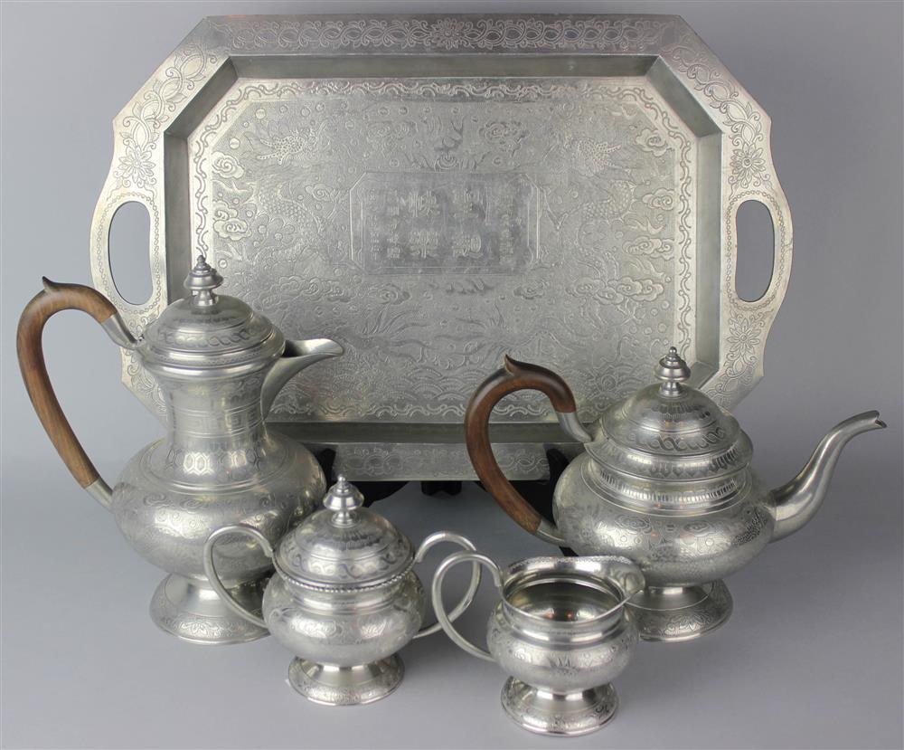 Appraisal: CHINESE PEWTER TEA AND COFFEE SET WITH MATCHING TRAY LATE