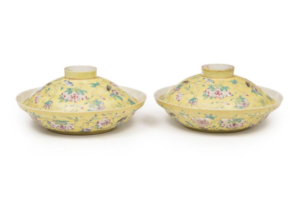 Appraisal: Pair of Chinese Famille Rose Yellow Ground Porcelain Covered Dishes