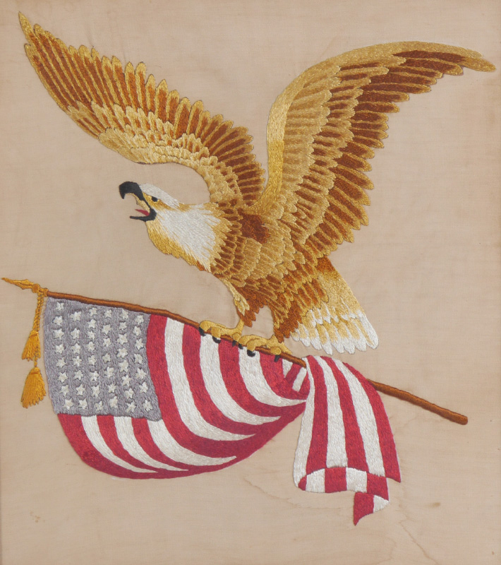 Appraisal: EAGLE AND AMERICAN FLAG NEEDLE WORK Hand worked silk on