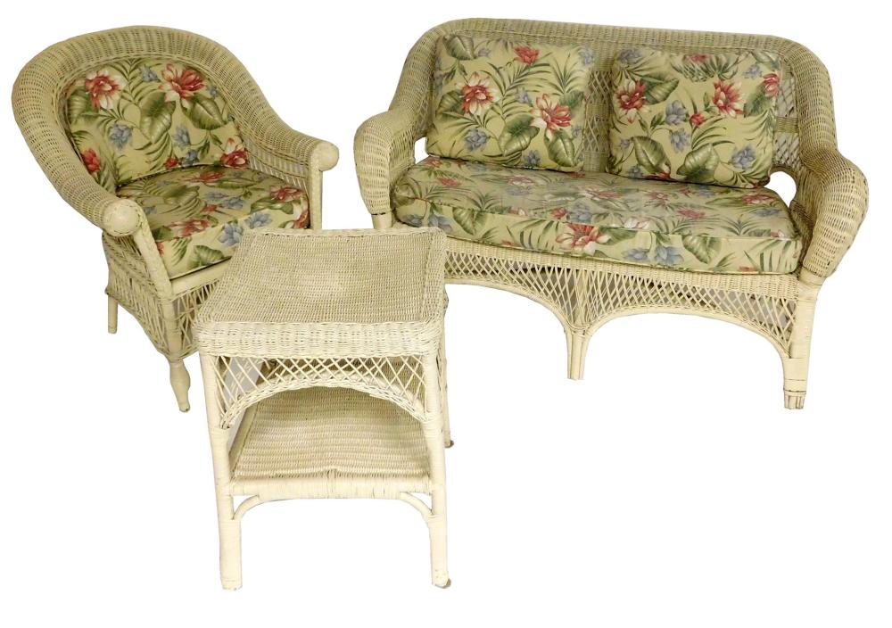 Appraisal: GARDEN Wicker settee armchair and side table painted cream finish