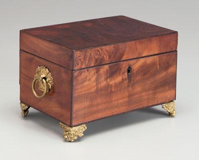 Appraisal: Mahogany tea box ring handles brass feet black line border