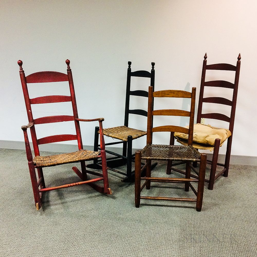 Appraisal: Four Country Slat-back Chairs Four Country Slat-back Chairs Provenance Property