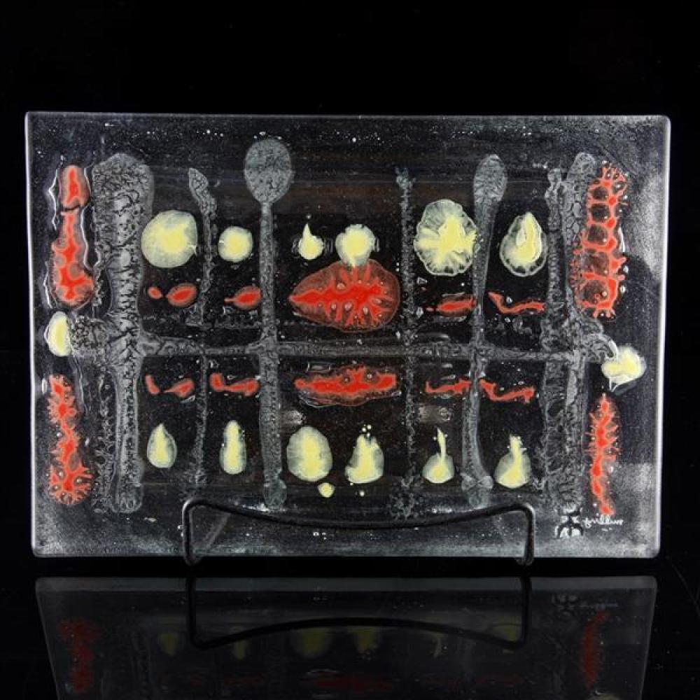 Appraisal: MID-CENTURY HIGGINS FUSED ART GLASS PLATE TRAY WITH STICKMAN LOGO