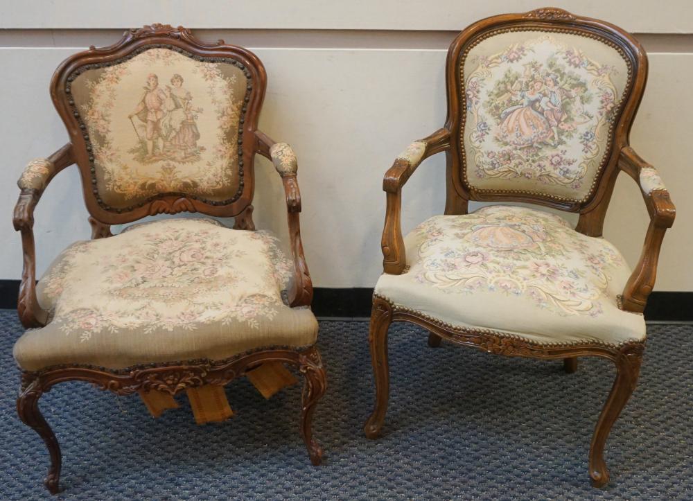 Appraisal: TWO PROVINCIAL STYLE FRUITWOOD NEEDLEPOINT UPHOLSTERED FAUTEUILSTwo Provincial Style Fruitwood