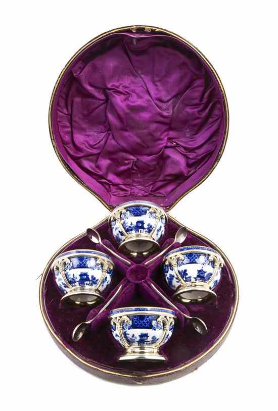 Appraisal: A Set of Four Worcester Porcelain Silverplate Mounted Salts th