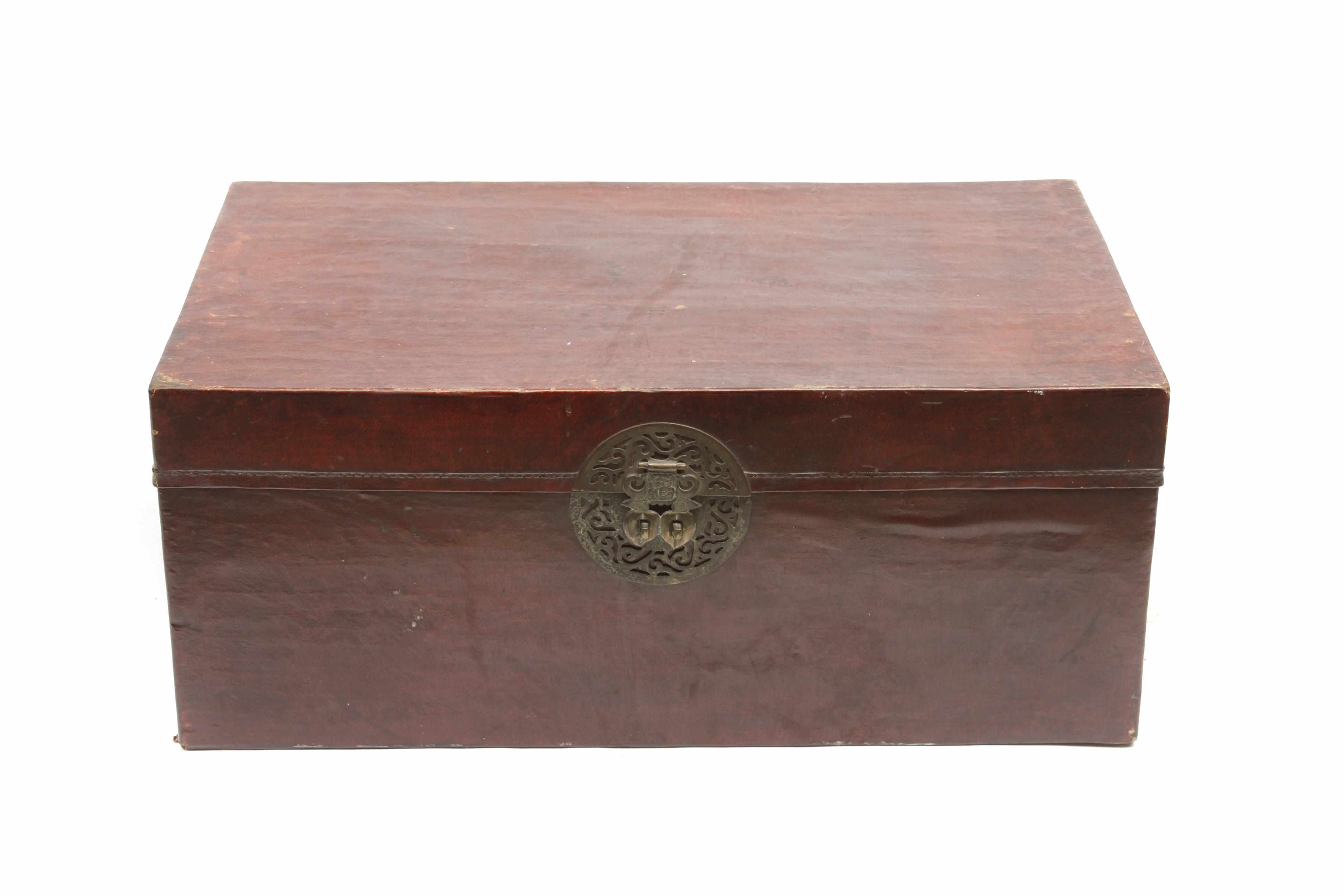 Appraisal: A Chinese metal mounted leather trunk height in width in