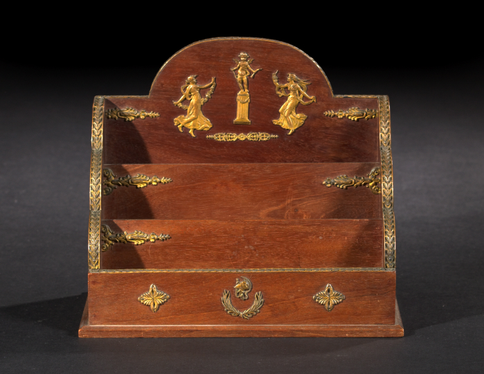 Appraisal: French Gilded and Embossed Brass-Mounted Mahogany Triple-Compartment Stationery Rack first