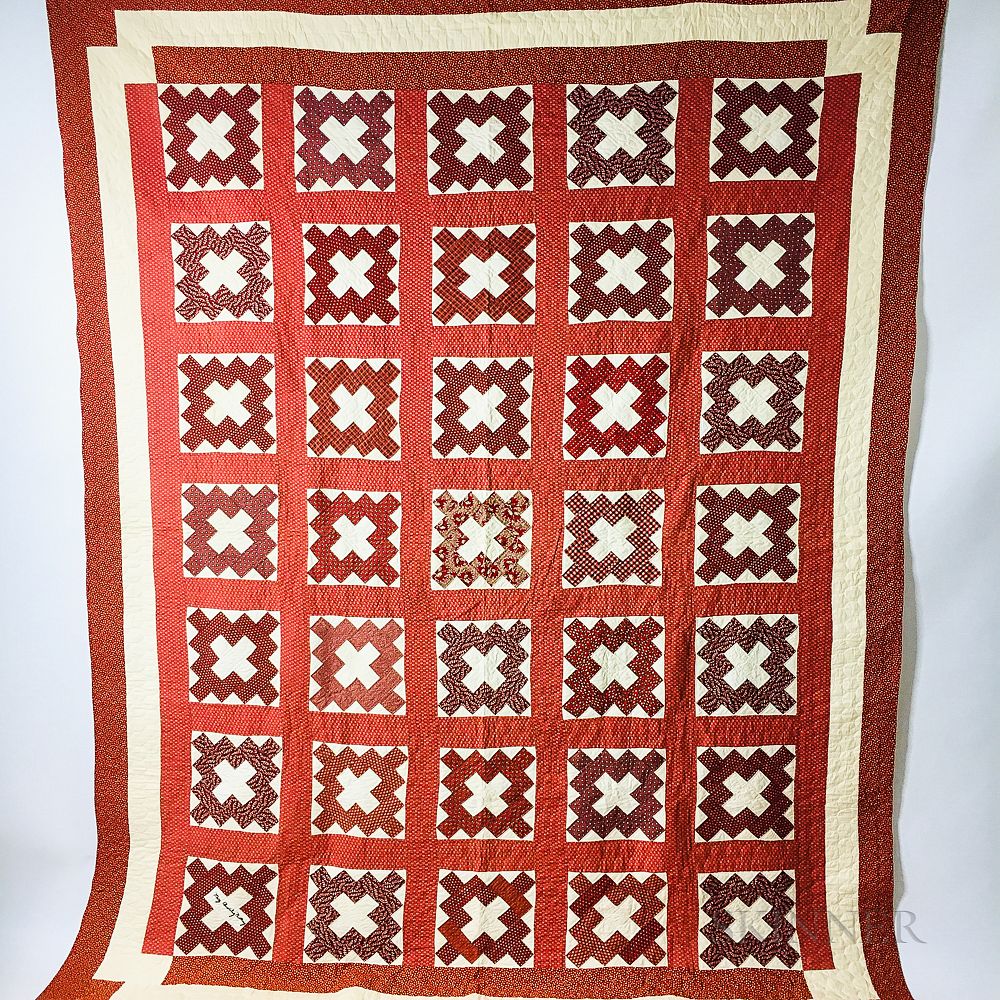 Appraisal: Pieced Cotton Roman Cross-pattern Quilt Pieced Cotton Roman Cross-pattern Quilt