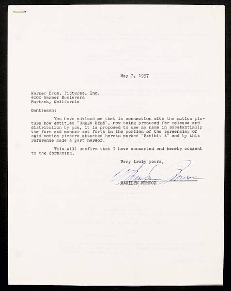 Appraisal: A Marilyn Monroe signed agreement A letter from Monroe typed