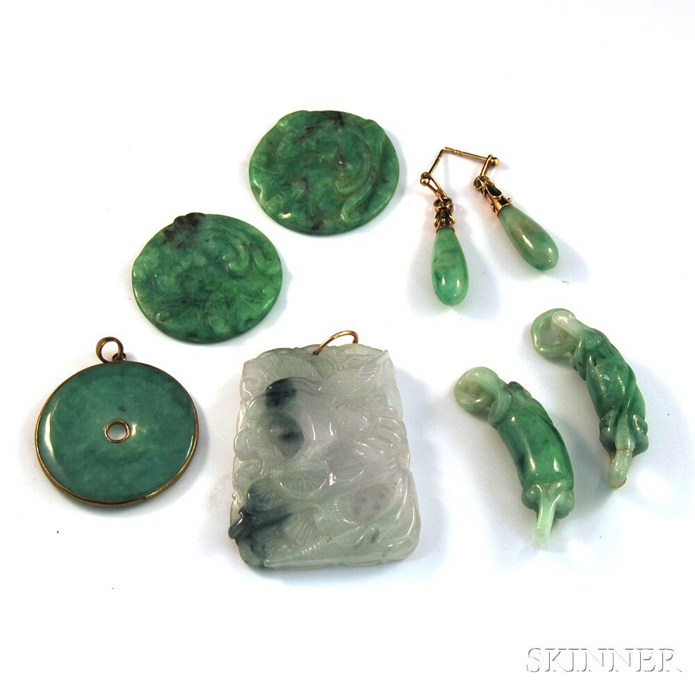 Appraisal: Small Group of Jade Jewelry a pair of teardrop-shaped earpendants