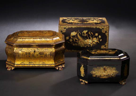 Appraisal: Chinese Export Gilded Black-Lacquer Tea Box second quarter th century