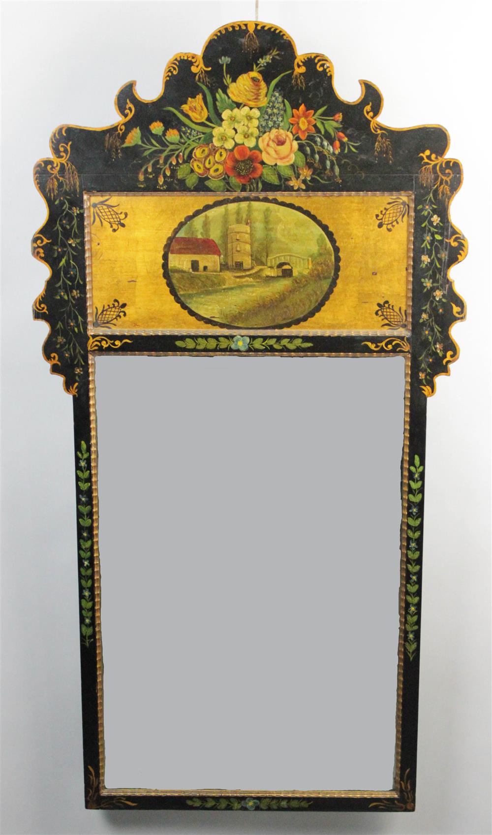 Appraisal: CONTINENTAL PROVINICIAL PAINTED AND CARVED MIRROR WITH LANDSCAPE SCENE the