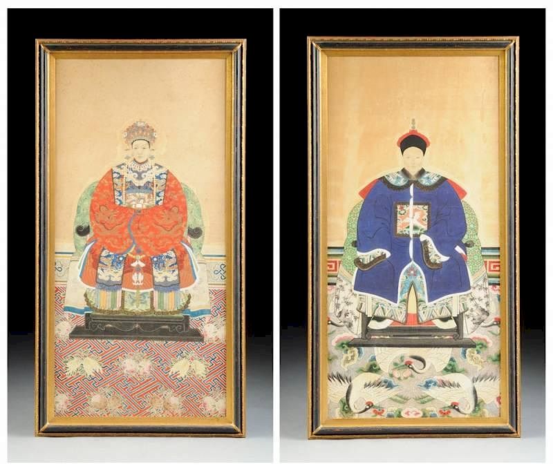 Appraisal: A PAIR OF CHINESE POLYCHROME PAINTED ANCESTOR PORTRAITS LATE QING