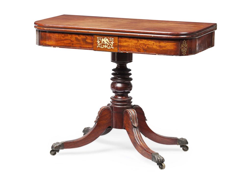 Appraisal: REGENCY MAHOGANY AND BRASS INLAID FOLDOVER TEA TABLE EARLY TH