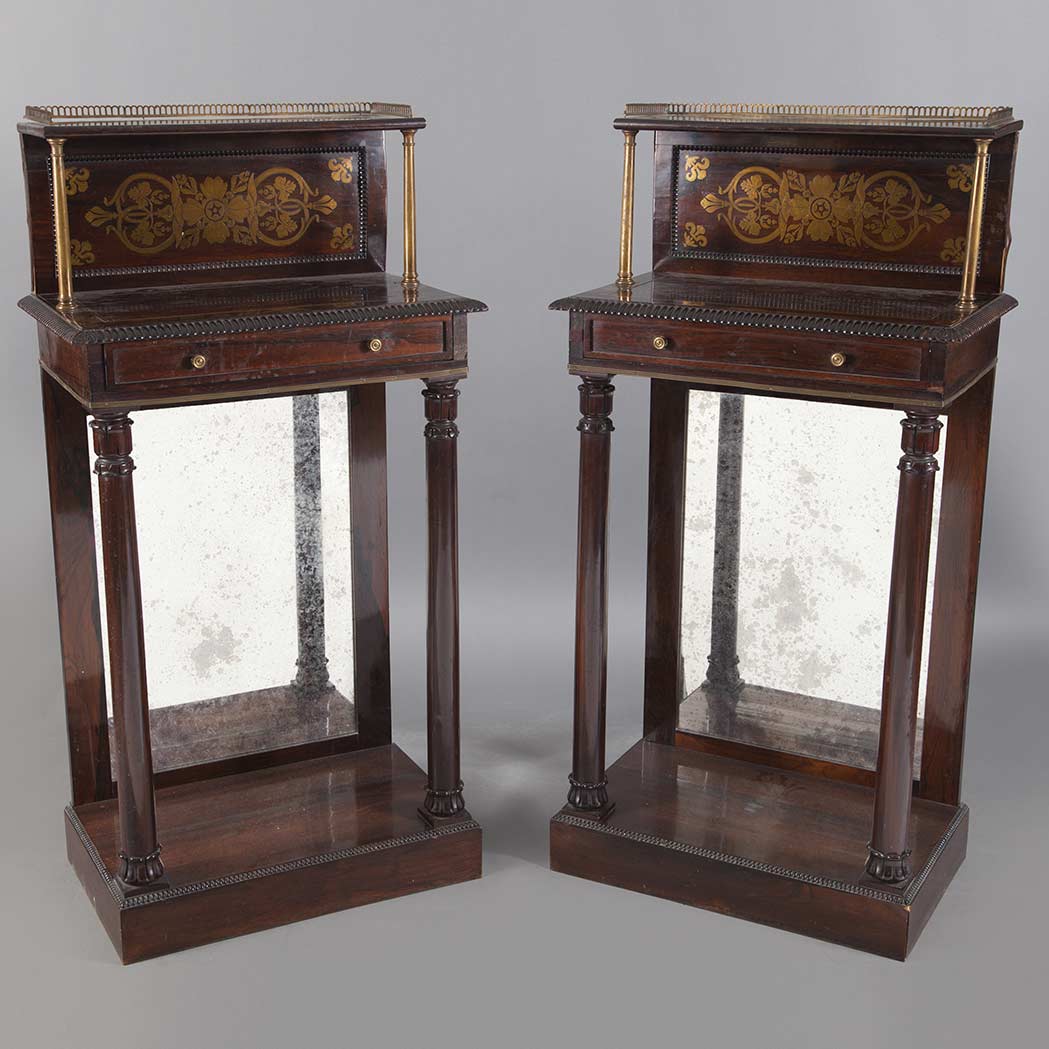 Appraisal: Pair of Regency Brass Inlaid Rosewood Consoles Each with shelved