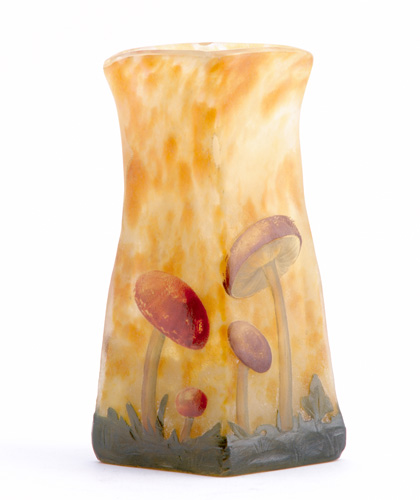 Appraisal: DAUM Etched and enameled glass vase with naturalistically colored mushrooms