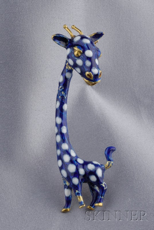 Appraisal: kt Gold and Enamel Giraffe Pin of basse taille blue