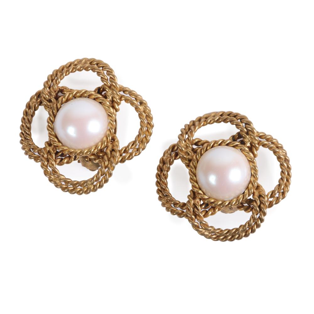 Appraisal: CHANEL DESIGNER GOLD TONE TWISTED ROPE FLORAL EARRINGS WITH FAUX