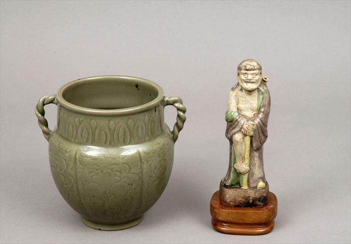 Appraisal: Chinese Celadon-Glazed Pottery Vase Together with a yellow green and